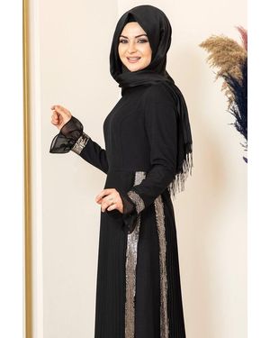 Modavitrini Maxikleid Hijab Abendkleid mit Pailletten Modest Abiye Abaya - Schwarz