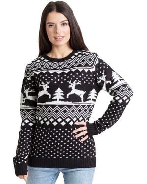 Blauer Weihnachtspullover Damen Weihnachts Pullover Lange Ärmel Knit Rundhals Christmas Jumper - Schwarz