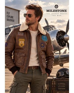 Milestone Lederjacke Msmatti Lammleder Im Vintage Fliegerjacke Mit Patches Und Fellkragen - Braun