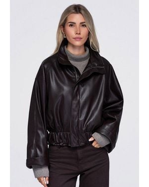 Ombre Lederimitatjacke Damen Jacke Mit Hohem Kragen Im Oversized Stil (Kein Set, 1-St) - Schwarz