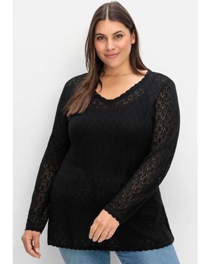Sheego Strickpullover V-Ausschnitt-Pullover Langarm aus Ajourstrick, in leichter A-Linie - Schwarz