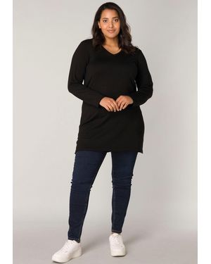 Base Level Curvy V-Ausschnitt-Pullover BAS-ANINE-LONG Feinstrick-Qualität - Schwarz