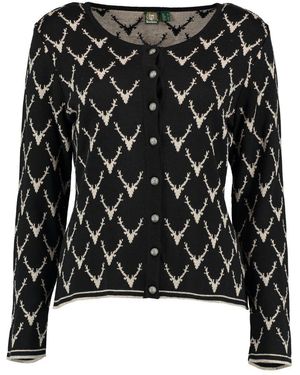 OS-Trachten Strickjacke Ewipe Tailliert, lang geschnitten, Rundhals, Allover-Stick, Metallknöpfe - Schwarz