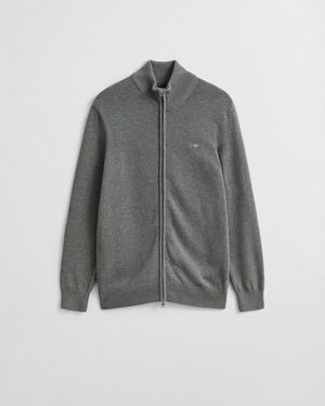 GANT Cardigan Casual Cotton Zip Cardigan Mit Rippbündchen An Stehkragen, Ärmeln Und Saum - Grau