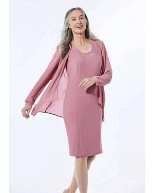 Goldner Jerseykleid Edles Jerseykleid Mit Chiffonjäckchen Chiffonjacke Mit Langarm Und Midikleid Mit Rundhals Und Knielänge - Pink