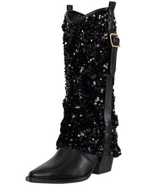 Salinyang Pailletten Stiefel Damen Cowboy Boots Kunstleder Stiefel Glitzer Look Stiefel - Schwarz
