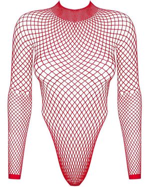 Obsessive Langarm Netz-Body rot elastisch transparent rückenfrei - Pink