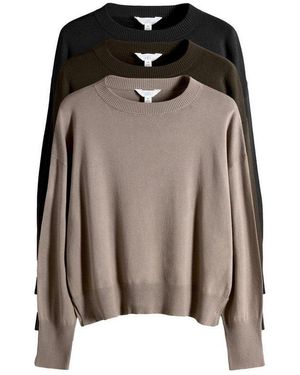 The Set Rundhalspullover Rundhalspullover Aus Feinstrick, 3Er-Pack (3-Tlg) - Braun