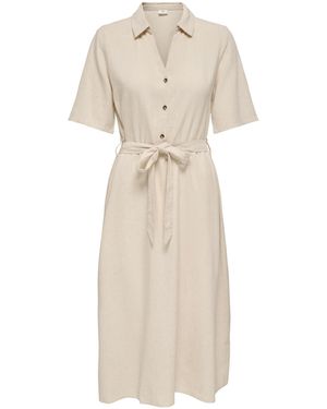 Jacqueline De Yong Shirtkleid Leinenkleid mit Kragen, Knopfleiste und Taillengürtel (knielang) - Natur