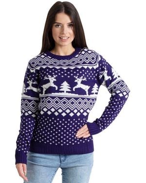 Blauer Weihnachtspullover Damen Weihnachts Pullover Lange Ärmel Knit Rundhals Christmas Jumper - Blau