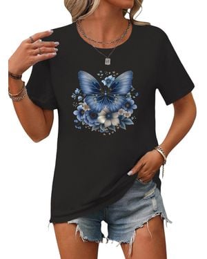 PYL T- Bequemes Sommer Kurzarmbluse Locker Schmetterling Print-Shirt Bequem für Freizeit und Büro,Strandurlaub - Blau