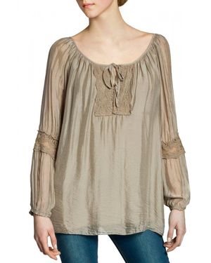 Caspar Shirtbluse BLU005 elegante Seiden Langarm Bluse mit Häkel Spitzeneinsatz - Natur