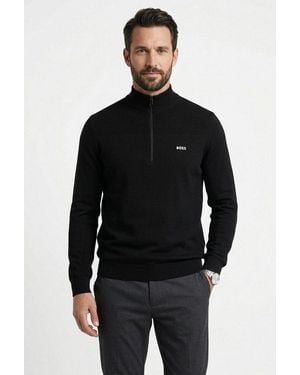 BOSS Strickpullover Stehkragen Mit Reißverschluss, Regular Fit, Woll-Anteil - Schwarz