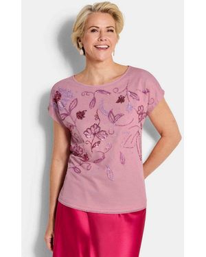 Goldner T-Shirt Kurzgröße: Blusenshirt Mit Pailletten Glanzshirt Mit U-Boot-Ausschnitt Und Ohne Arm - Pink
