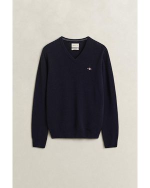 GANT V-Ausschnitt-Pullover Superfine Lambswool V-Neck Regular Fit Aus Reiner Wolle, Gerippte Abschlüsse - Blau
