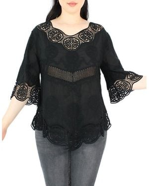 dy_mode Tunika 3/4 Arm Spitze – Leichte Baumwoll Bluse für Sommer mit Häkel-Einsätzen - Schwarz