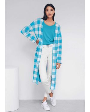 Madeleine Kurzmantel Verschlussloser Strickmantel in Karo-Jacquard - Blau