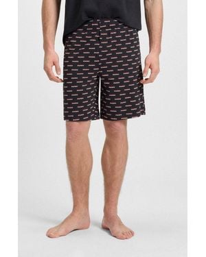 HUGO Pyjamashorts Split Logo Zweifarbige Logo's Allover, Elasticher Bund - Schwarz