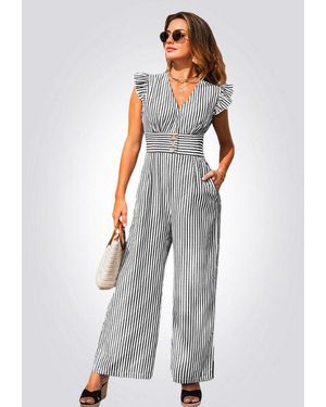 CUPSHE Jumpsuit Gestreifter Jumpsuit Mit Ruesche V-Ausschnitt Guertel - Weiß