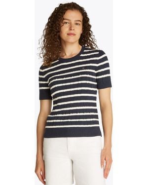 Tommy Hilfiger Kurzarmpullover 1985 CO MINI CABLE C-NK SS SWT in tollem Strickmuster - Weiß