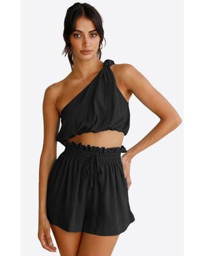Imily Bela Hausanzug Damen 2-Teiliges Sommer Set (Set, 2 Tlg. One-Shoulder Crop Top + Shorts) One-Shoulder - Schwarz