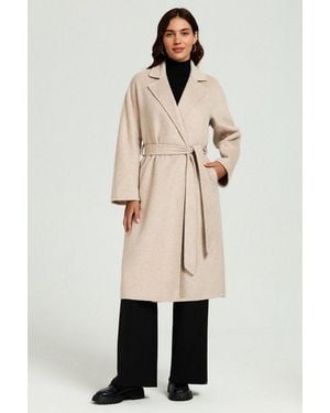 FS Collection Langmantel Damen Oversize-Mantel Langmantel Aus Wollgemisch-Xl Bindegürtel, Seitentaschen, Handgefertigt, Ungefüttert - Natur