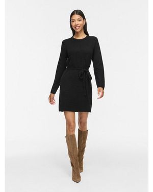 Vila Strickkleid Viliga L/S O-Neck Belted Knit Dress-Noos Materialmix, Normal Geschnitten - Schwarz