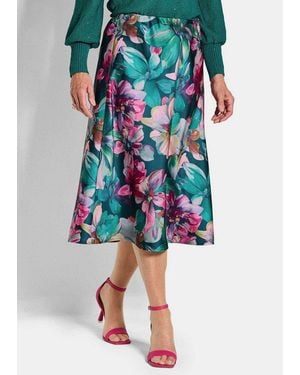 Goldner Schlupfrock Eleganter A-Linienrock, Floraler Print Midirock Aus Schimmerndem Satin Mit Elastischem Bund, Verschlusslos - Grün