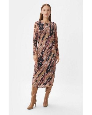Comma, Midikleid Kleid Gemustertes Meshkleid Mit Raffung - Braun