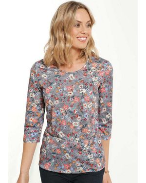 Goldner Print-Shirt Printshirt Mit Blumenmuster Blumenshirt Mit Rundhalsausschnitt Und 3/4-Arm - Blau
