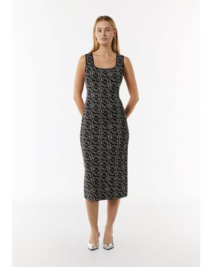 Comma, Maxikleid Midi-Feinstrickkleid mit grafischem Muster Artwork - Schwarz