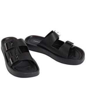 Calvin Klein Ergon Double Bar Sandal Lth Pantolette Strandschuh, Sommerschuh, Unifarbener Flat Mit Logoschriftzug - Schwarz