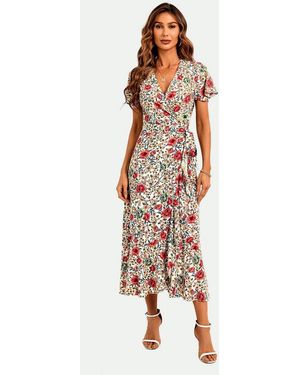 FS Collection Wickelkleid Damen Wickel Midikleid Sommerkleid V-Ausschnitt Engelsärmel Festlich Creme Und Weiß Aus 100% Baumwolle