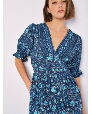 Apricot Druckkleid Sarasa Sommerkleid, mit Blumenmuster - Blau