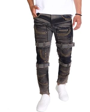 KINGZ Slim-fit-Jeans Designer Patchworkjeans mit Nieten - Blau