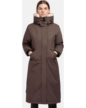 Khujo Wintermantel Agneta-YM Langer Mantel mit Kunstfellkragen an der Kapuze - Braun