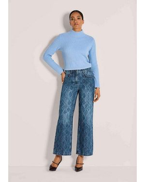 Madeleine Gerade Jeans Culotte-Jeans Mit Ornament-Print Weit Geschnittene Denim Mit Einzigartigem Druck, Hoher Bund - Blau