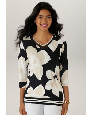 Aniston SELECTED 3/4-Arm-Shirt Mit Netzeinsatz Am Dekorativen V-Ausschnitt - Schwarz