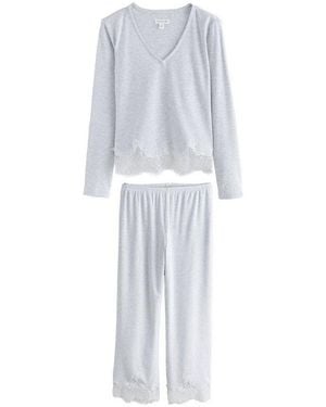 Next Pyjama Langärmeliger, Gerippter Schlafanzug Mit Spitze (2 Tlg) - Weiß