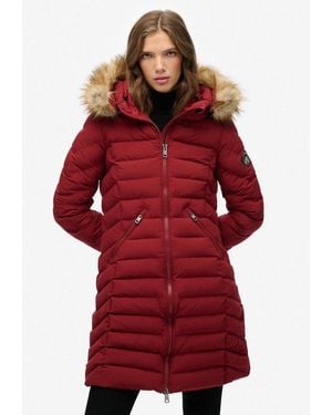 Superdry Steppjacke Fuji Faux Fur Hood Mid Length Slim Fit, Mit Reißverschluss, Aus Polyester Und Kunstfaser - Rot