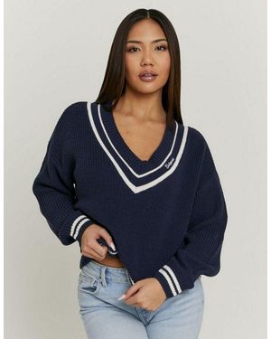 Tally Weijl Strickpullover Spuackaribou Kunstfaser, Mit Tiefem V-Ausschnitt Im College-Stil - Blau