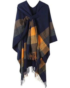 Refttenw Poncho Warmer Winterschal Fransentuch Cape - Blau