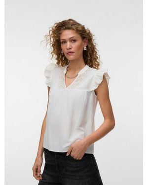 Vero Moda Rüschentop Vmdicthe Emb Sl V-Neck Top Wvn Ga Baumwolle, Regular Fit - Weiß
