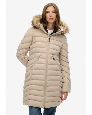 Superdry Steppjacke Fuji Faux Fur Hood Mid Length Slim Fit, Mit Reißverschluss, Aus Polyester Und Kunstfaser - Natur