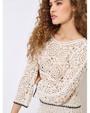 Apricot Spitzenshirt Häkeltop Mit Trompetenärmeln - Natur