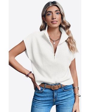 Imily Bela Kurzarmpullover Damen Kurzarm-Top Mit Halbreißverschluss (Packung, 1-Tlg. 1Per-Pack) Hochschließender Kragen - Weiß