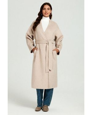FS Collection Langmantel Damen Oversize-Mantel Ohne Revers Wollgemisch-Xl Bindegürtel, Seitentaschen, Gehschlitz, Handgefertigt, Ungefüttert - Natur