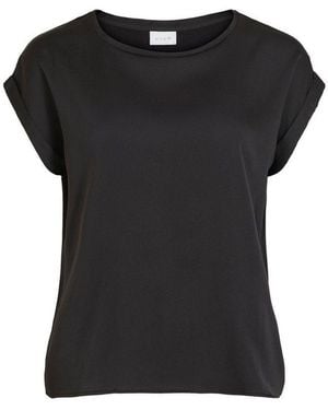 Vila T-Shirt Satin Blusen Kurzarm Basic Glänzend Für Damen Recyceltes Material Nachhaltig Regular Fit Rundhals Kurzarm - Schwarz