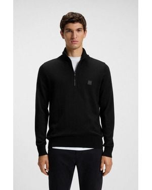 BOSS Rollkragenpullover Kanobix Half Zip Cotton Cashmere Regular Fit, Stehkragen Mit Reißverschluss, Ton-In-Ton Logo - Schwarz