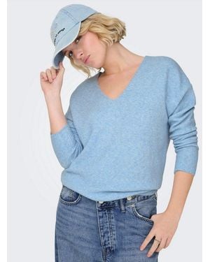ONLY V-Ausschnitt-Pullover Onlrica Life L/S V-Neck Pullo Knt Noos Materialmix, Regular Fit - Blau